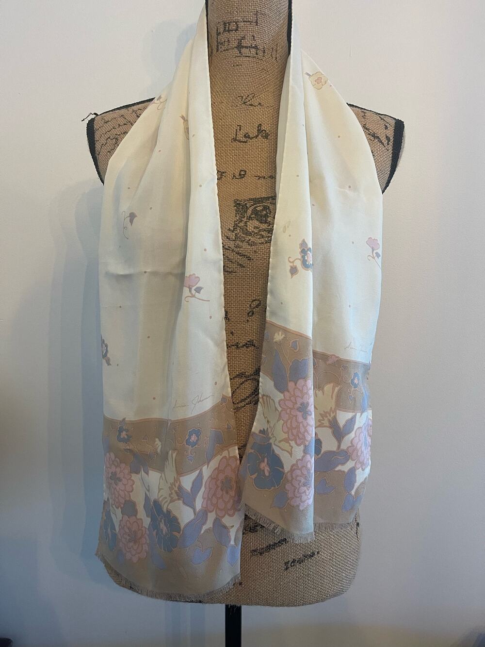 Ginnie Johansen Silk Floral Scarf Made in Italy Cream Colored